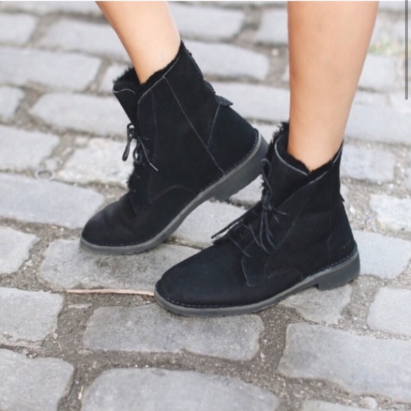 UGG Shoes - UGG Quincy Fold Over Combat Boot Fur Black Size 11